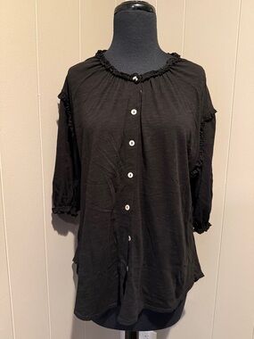B38 Goldie Lewinter Women’s Large Black Ruffle-Trim Button-Front Top